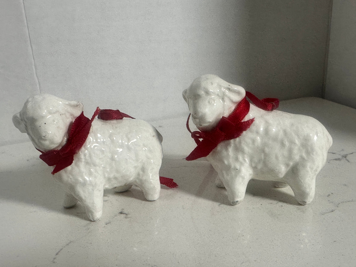 White Ceramic Lamb Christmas Ornaments with Red Ribbons – Pair – 3"