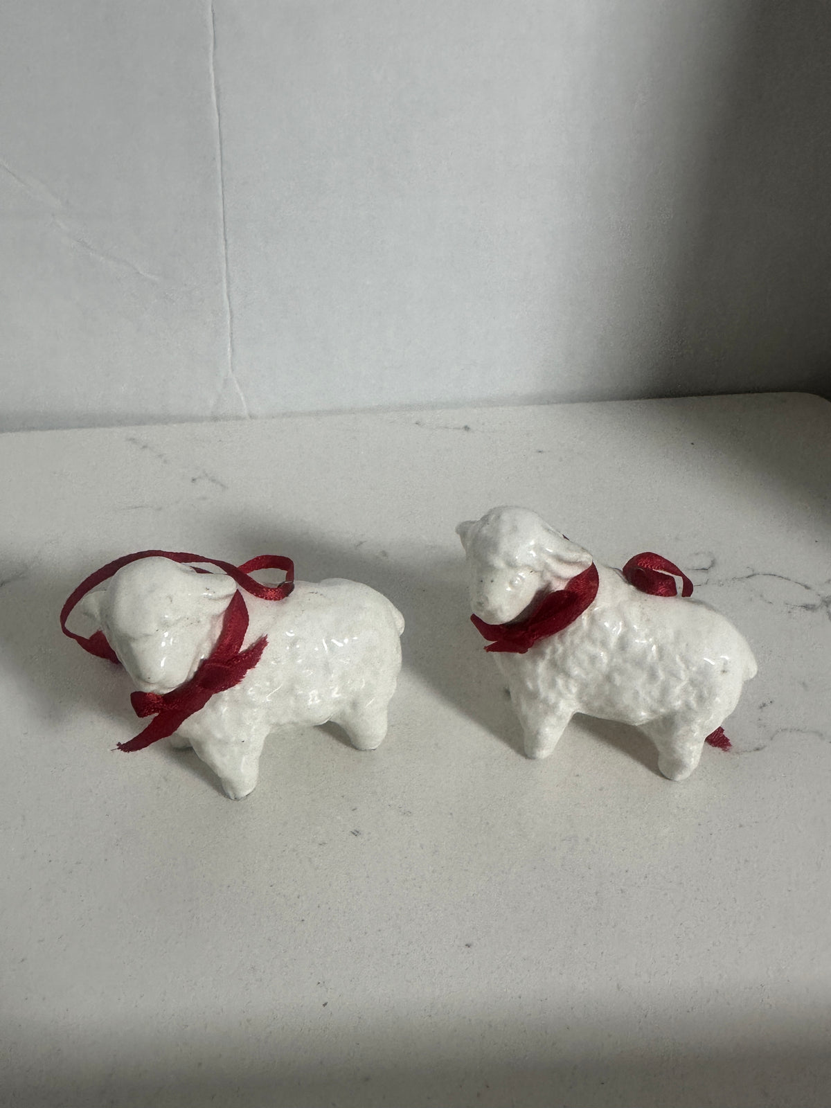 White Ceramic Lamb Christmas Ornaments with Red Ribbons – Pair – 3"
