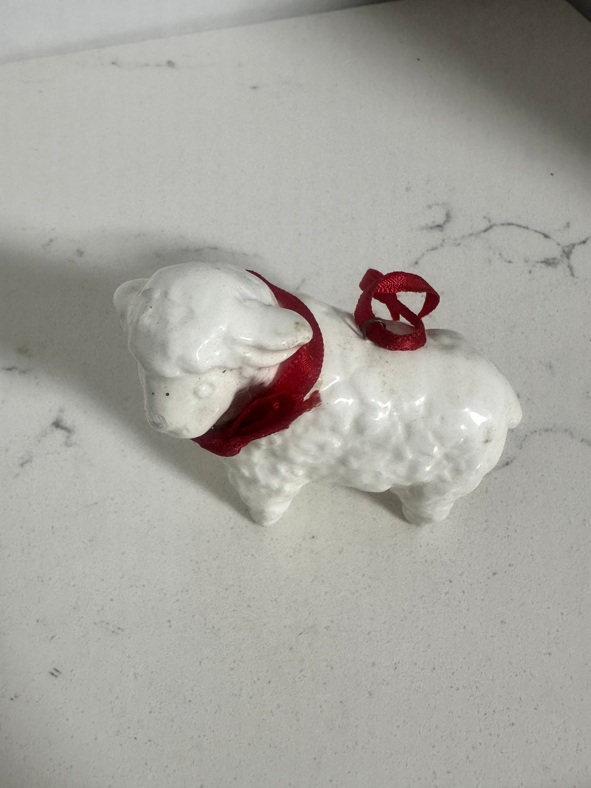 White Ceramic Lamb Christmas Ornaments with Red Ribbons – Pair – 3"