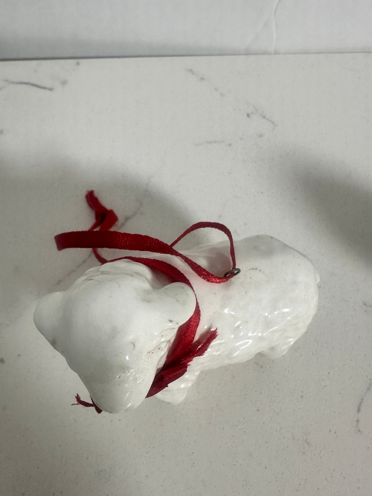 White Ceramic Lamb Christmas Ornaments with Red Ribbons – Pair – 3"