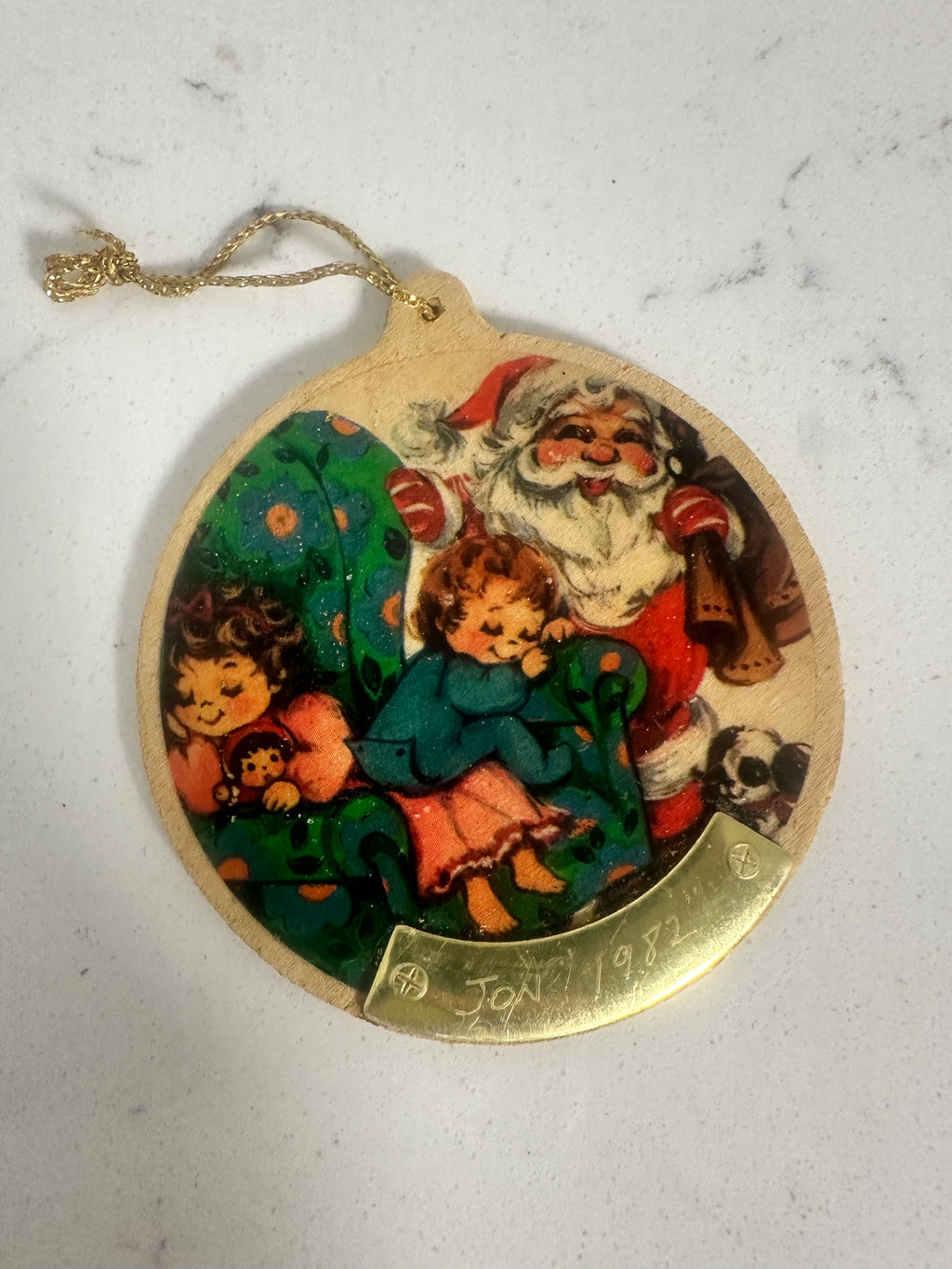 Vintage 1982 Wooden Santa Christmas Ornament – Children & Puppy – Personalized Jon – 3"
