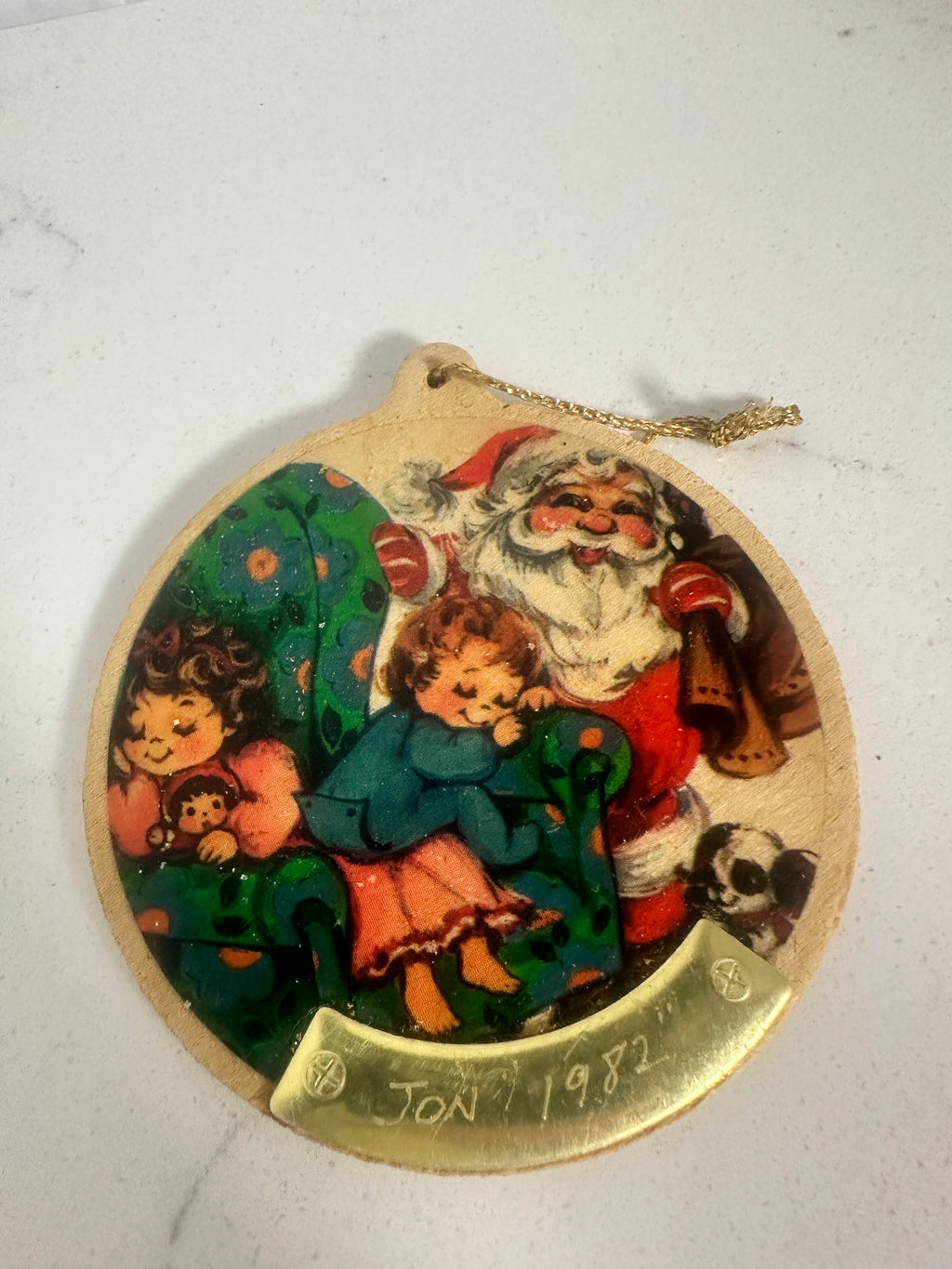 Vintage 1982 Wooden Santa Christmas Ornament – Children & Puppy – Personalized Jon – 3"
