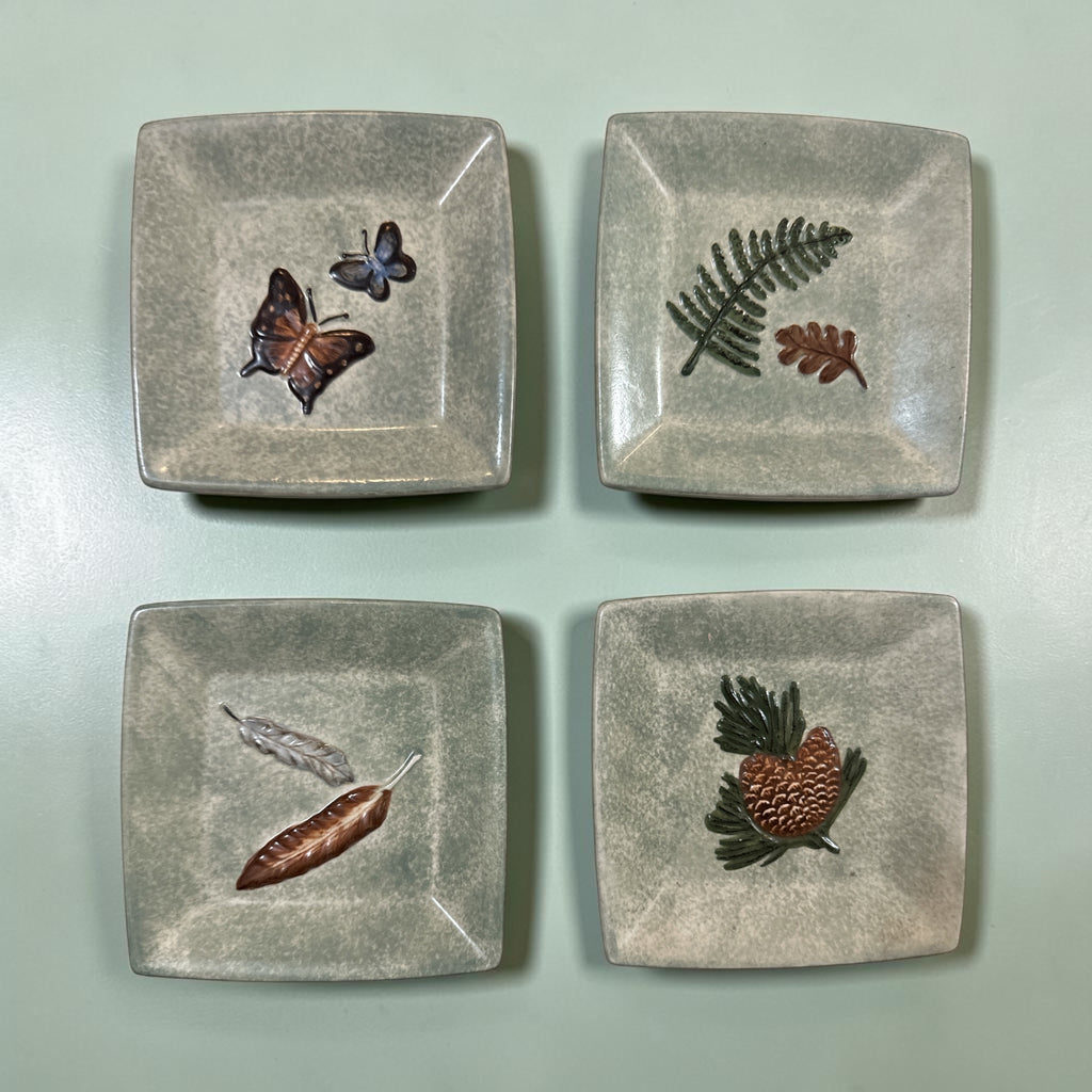 Set of 4 MWW Market Nature Square Plates | Butterfly Fern Feather Pinecone Botanical Appetizer Plates | Woodland Cabin Decor