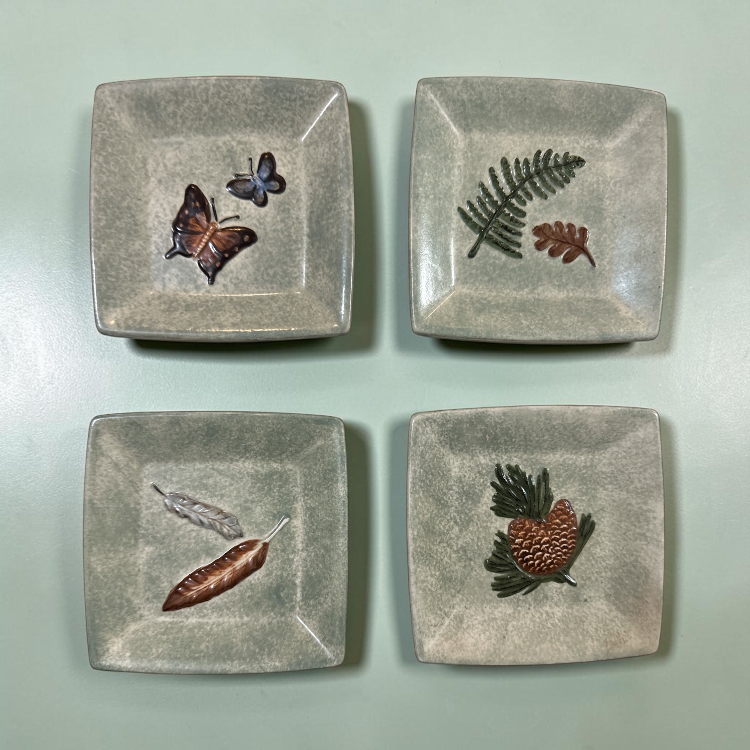 Set of 4 MWW Market Nature Square Plates | Butterfly Fern Feather Pinecone Botanical Appetizer Plates | Woodland Cabin Decor