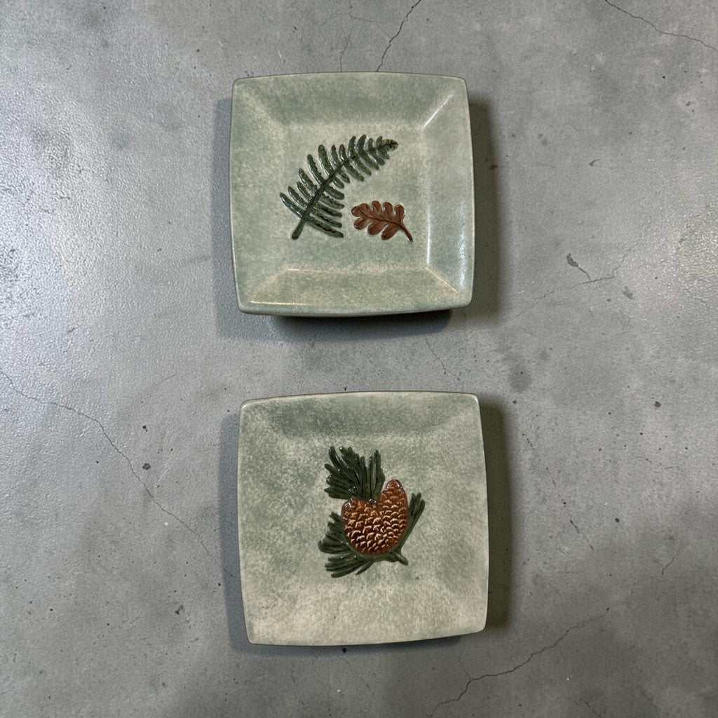 Set of 4 MWW Market Nature Square Plates | Butterfly Fern Feather Pinecone Botanical Appetizer Plates | Woodland Cabin Decor