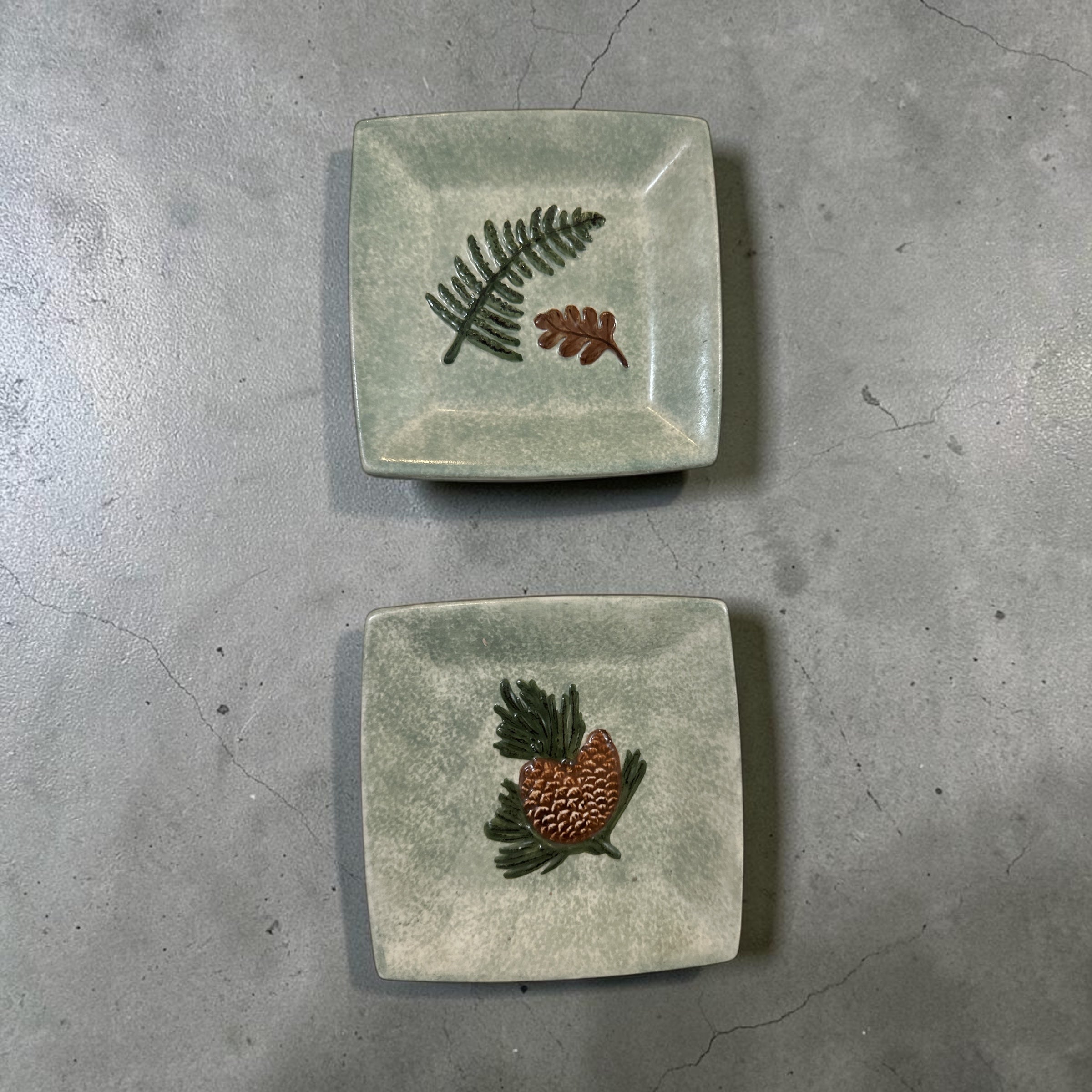 Set of 4 MWW Market Nature Square Plates | Butterfly Fern Feather Pinecone Botanical Appetizer Plates | Woodland Cabin Decor