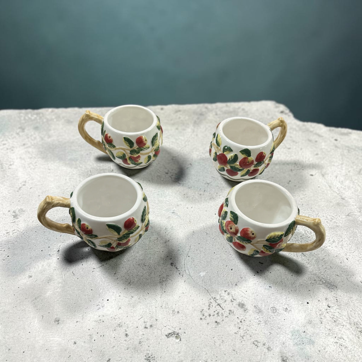 Set of 4 MWW Market Apple Mugs | Embossed Ceramic Fruit Cups | Cottage Kitchen Decor | Country Farmhouse Coffee Cups