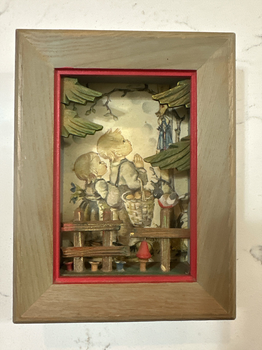 Vintage Anri Hummel-Style Diorama Shadow Box | German Children Prayer Scene | Hand-Carved Wood Folk Art | 7.5 x 5.5