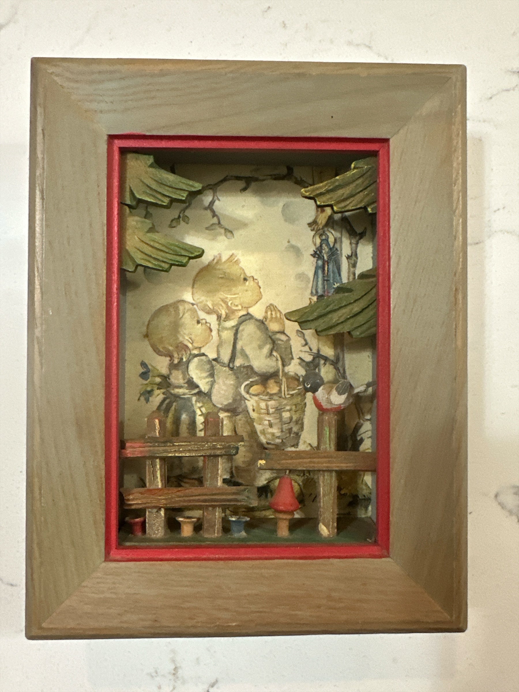 Vintage Anri Hummel-Style Diorama Shadow Box | German Children Prayer Scene | Hand-Carved Wood Folk Art | 7.5 x 5.5