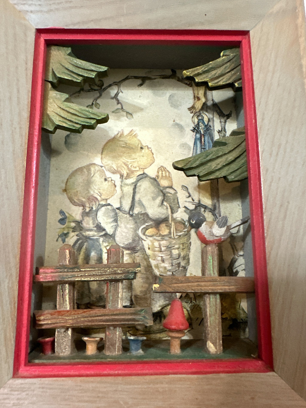 Vintage Anri Hummel-Style Diorama Shadow Box | German Children Prayer Scene | Hand-Carved Wood Folk Art | 7.5 x 5.5