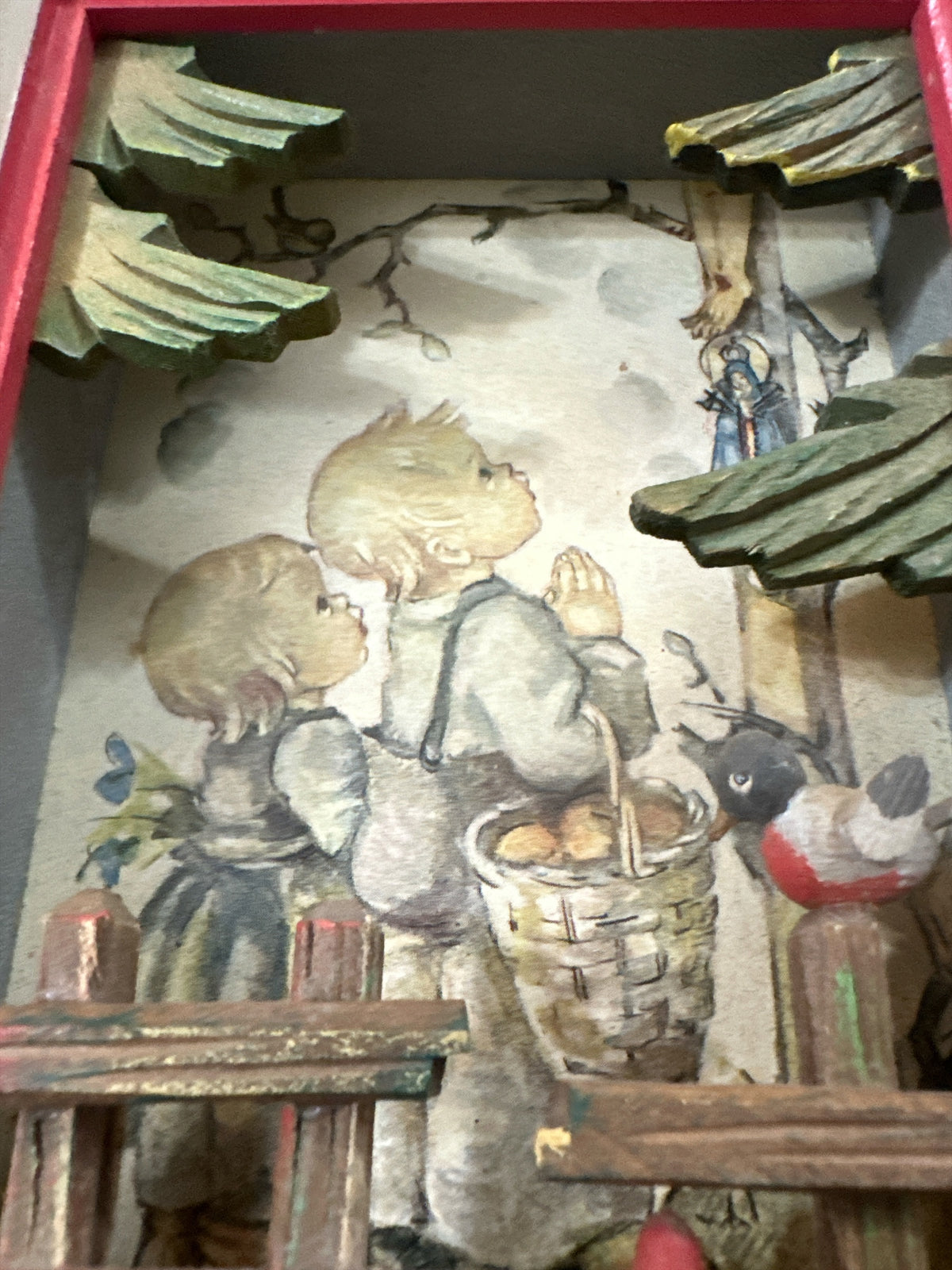 Vintage Anri Hummel-Style Diorama Shadow Box | German Children Prayer Scene | Hand-Carved Wood Folk Art | 7.5 x 5.5