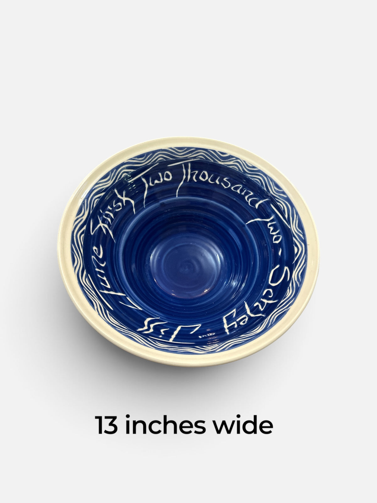 Signed Studio Pottery Bowl 2002 | Large Cobalt Blue Handmade Ceramic Serving Bowl | Sgraffito Art Pottery 13 Inch