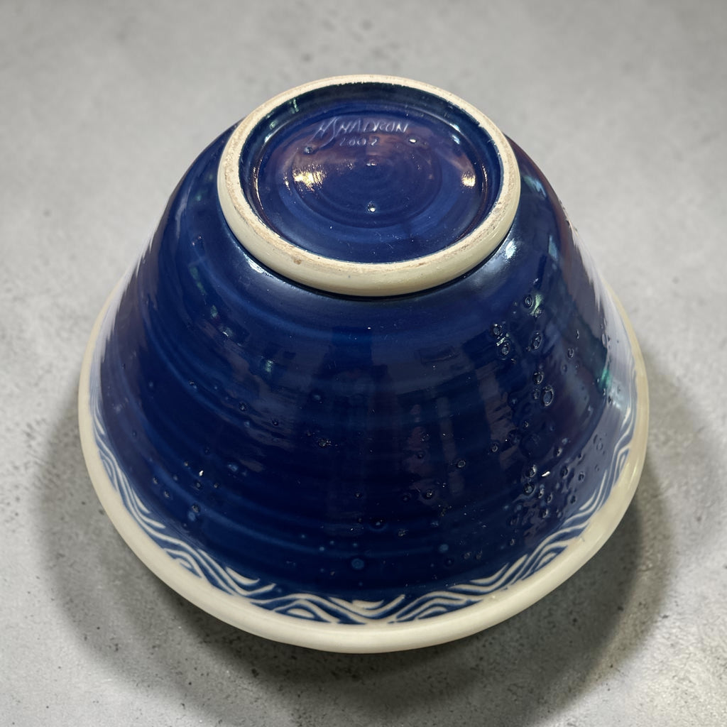 Signed Studio Pottery Bowl 2002 | Large Cobalt Blue Handmade Ceramic Serving Bowl | Sgraffito Art Pottery 13 Inch