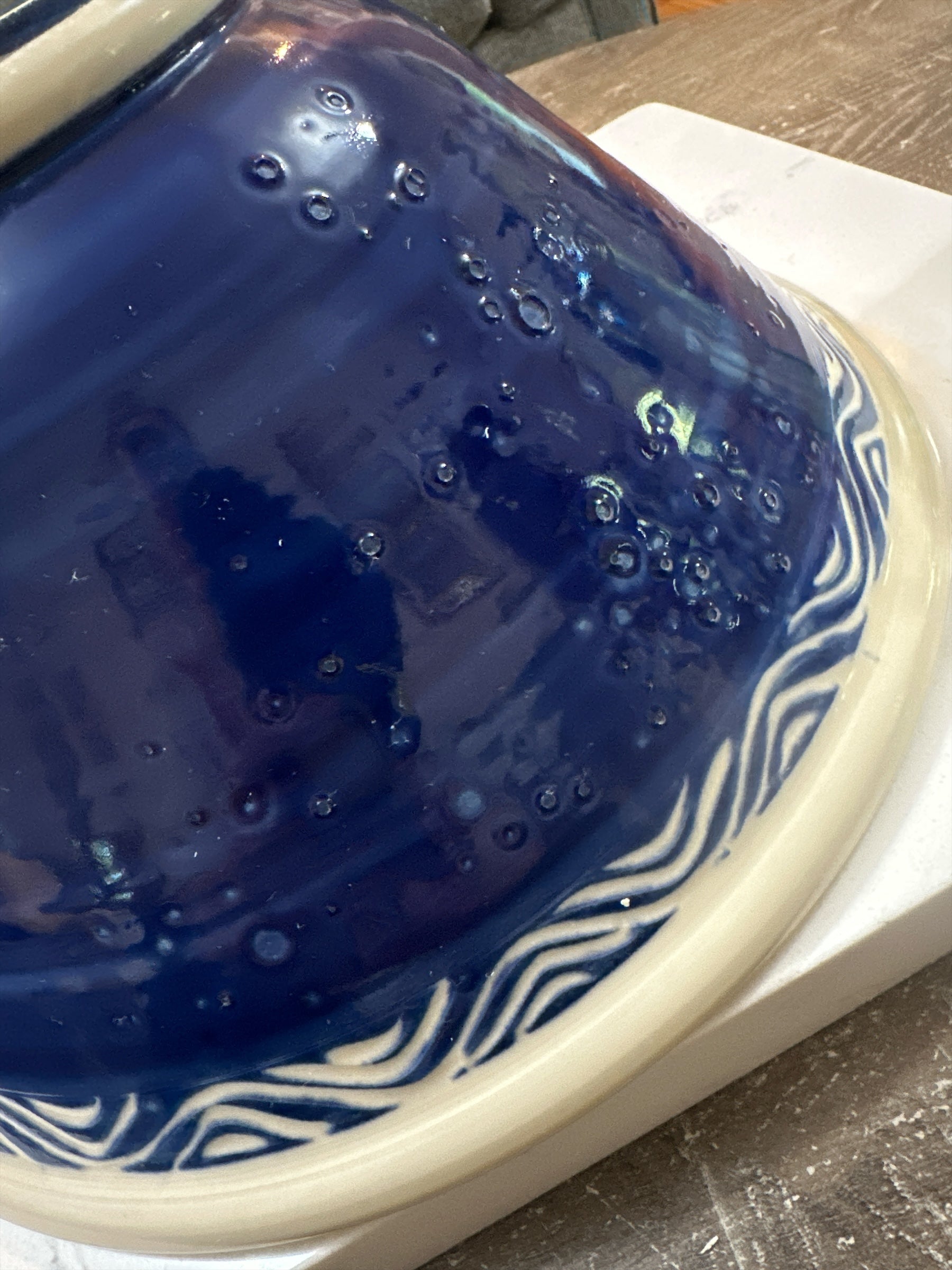 Signed Studio Pottery Bowl 2002 | Large Cobalt Blue Handmade Ceramic Serving Bowl | Sgraffito Art Pottery 13 Inch