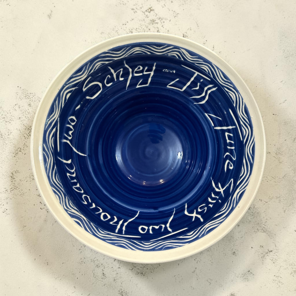 Signed Studio Pottery Bowl 2002 | Large Cobalt Blue Handmade Ceramic Serving Bowl | Sgraffito Art Pottery 13 Inch