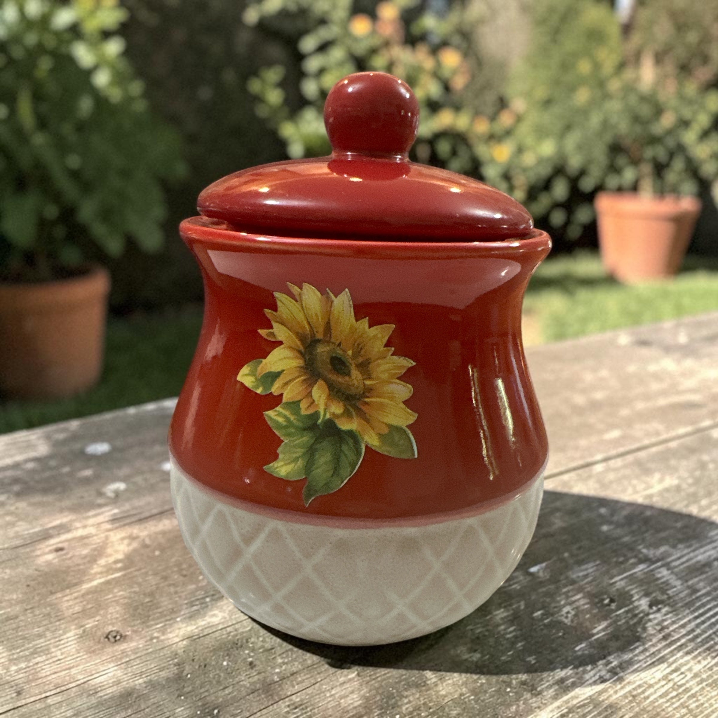 Sunflower Ceramic Canister with Lid | Red & Cream Kitchen Storage Jar | Cottage Farmhouse Sunflower Decor | 5 Inch
