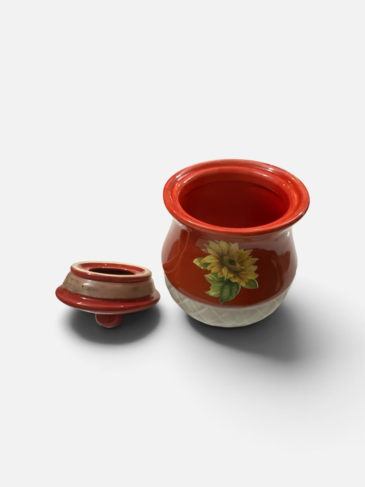 Sunflower Ceramic Canister with Lid | Red & Cream Kitchen Storage Jar | Cottage Farmhouse Sunflower Decor | 5 Inch