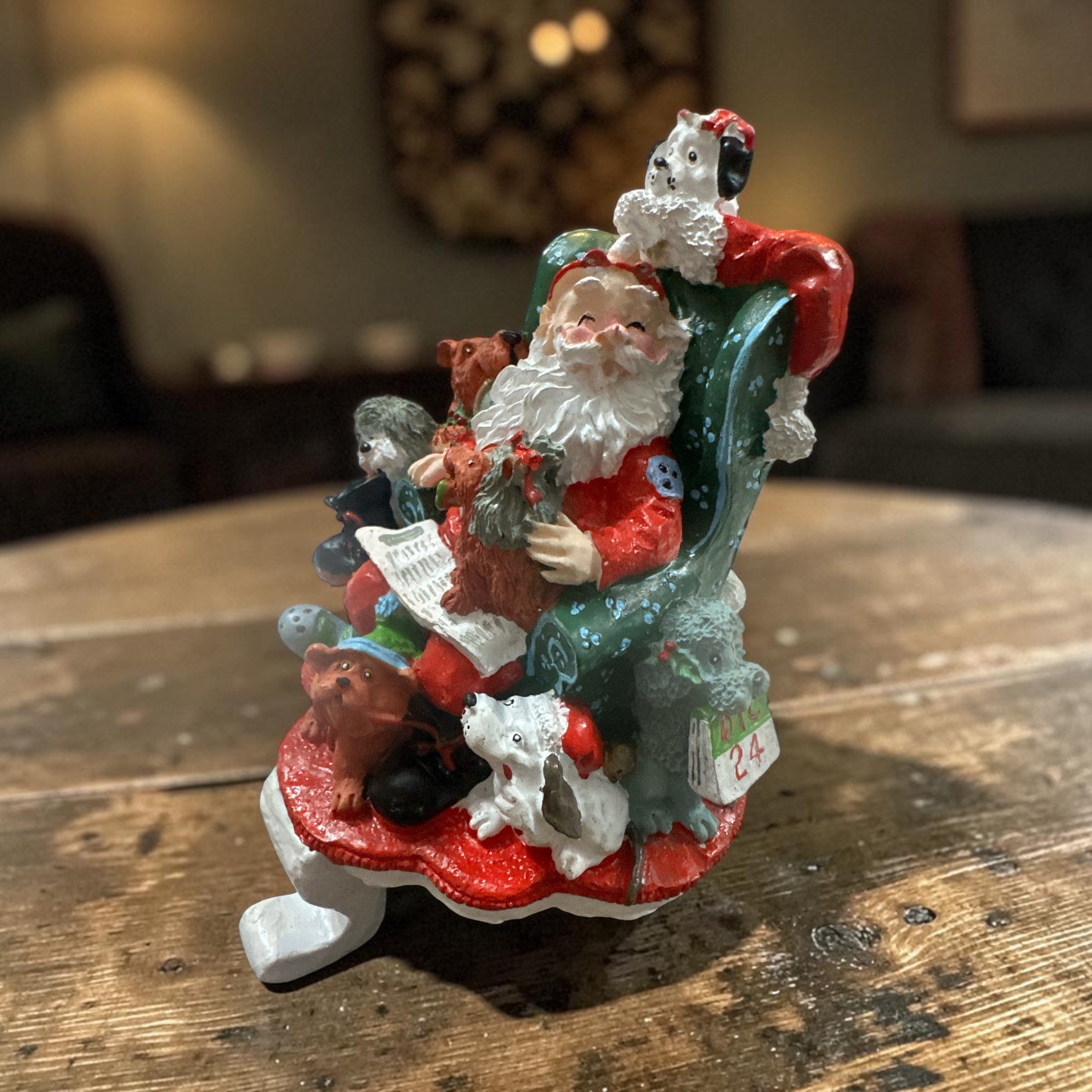 Vintage Santa with Dogs Christmas Figurine | Santa in Chair with Pets | Dog Lover Holiday Decor | Detailed Resin Christmas Collectible
