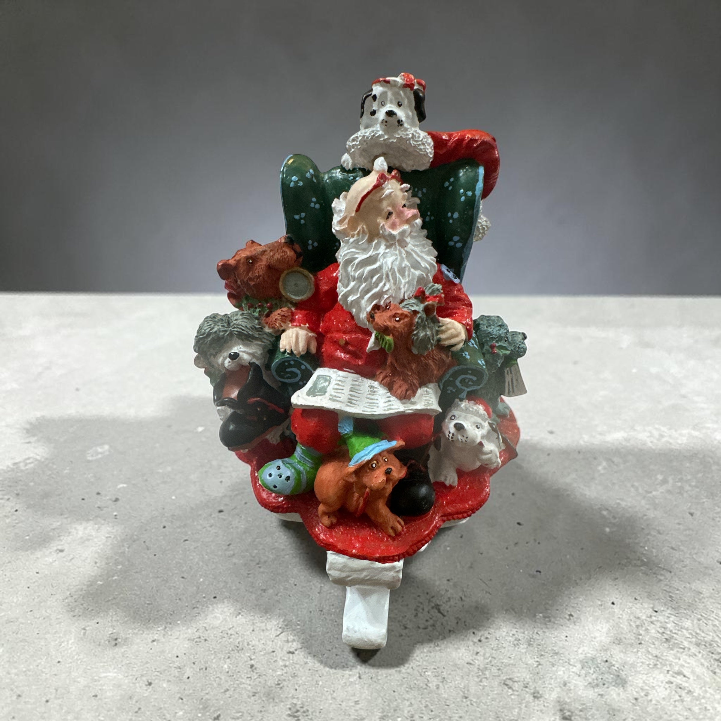 Vintage Santa with Dogs Christmas Figurine | Santa in Chair with Pets | Dog Lover Holiday Decor | Detailed Resin Christmas Collectible
