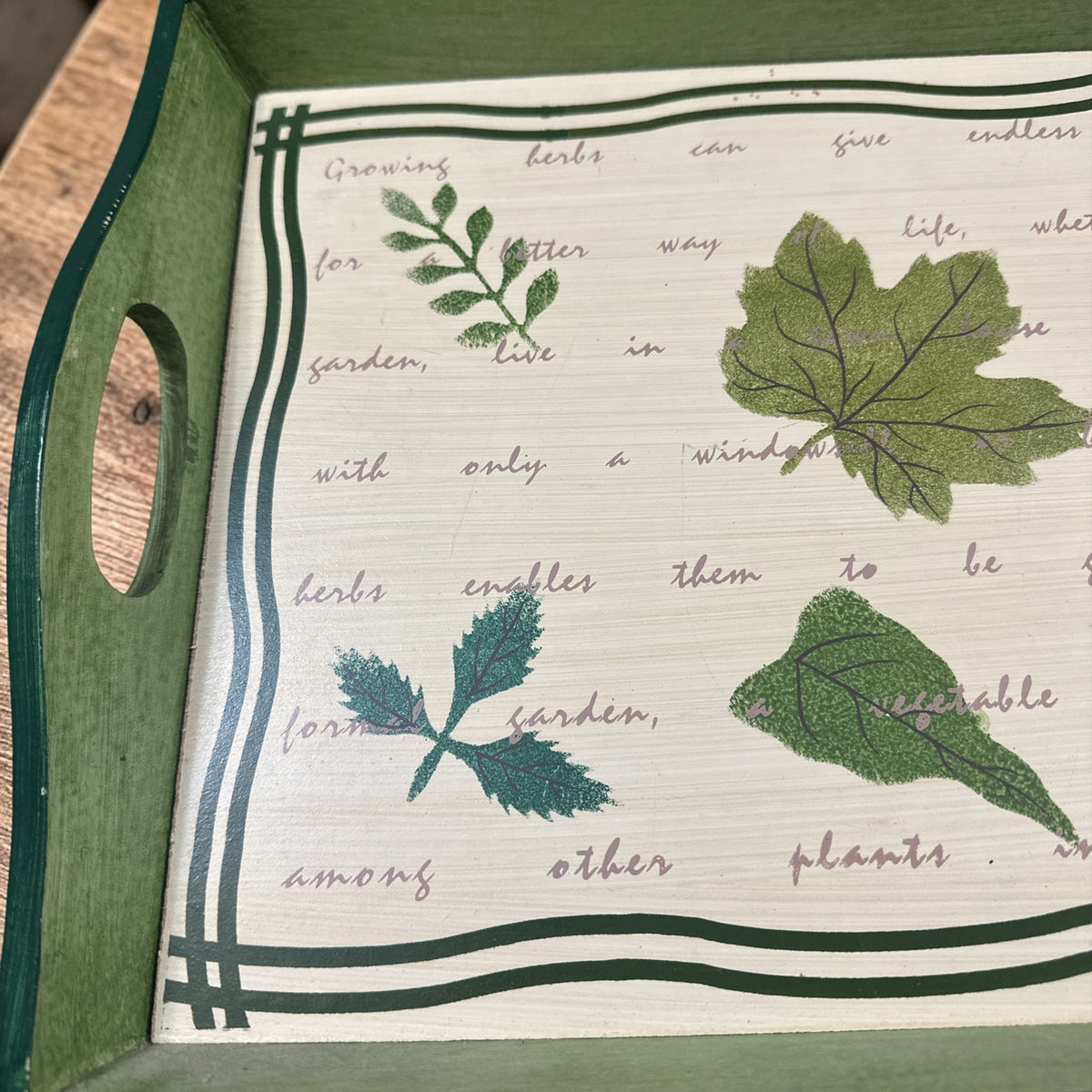 Green Herb Serving Tray Botanical Leaf Wooden Tray Farmhouse Kitchen Decor Cottagecore Display Tray