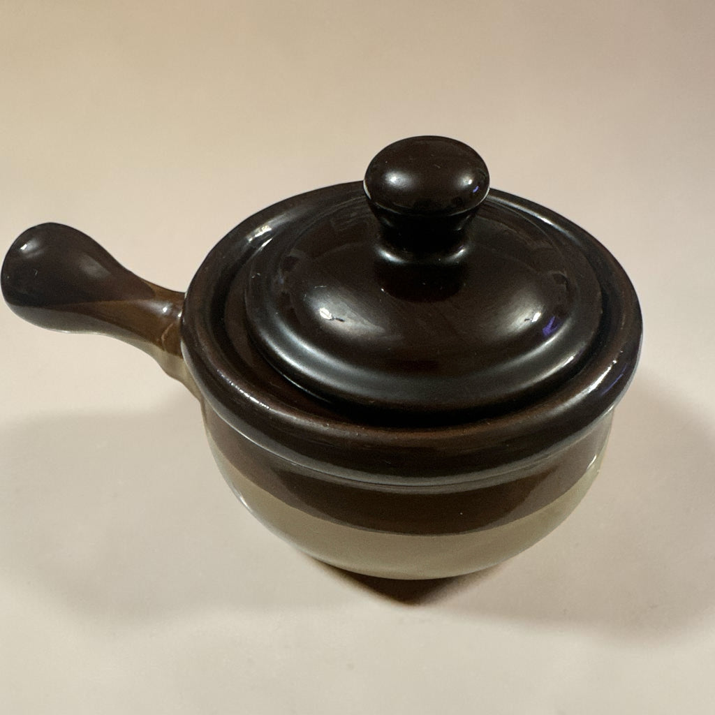 Vintage Brown & Cream Stoneware Lidded Crock with Handle | Small Ceramic Bean Pot | Rustic Farmhouse Kitchen Pottery