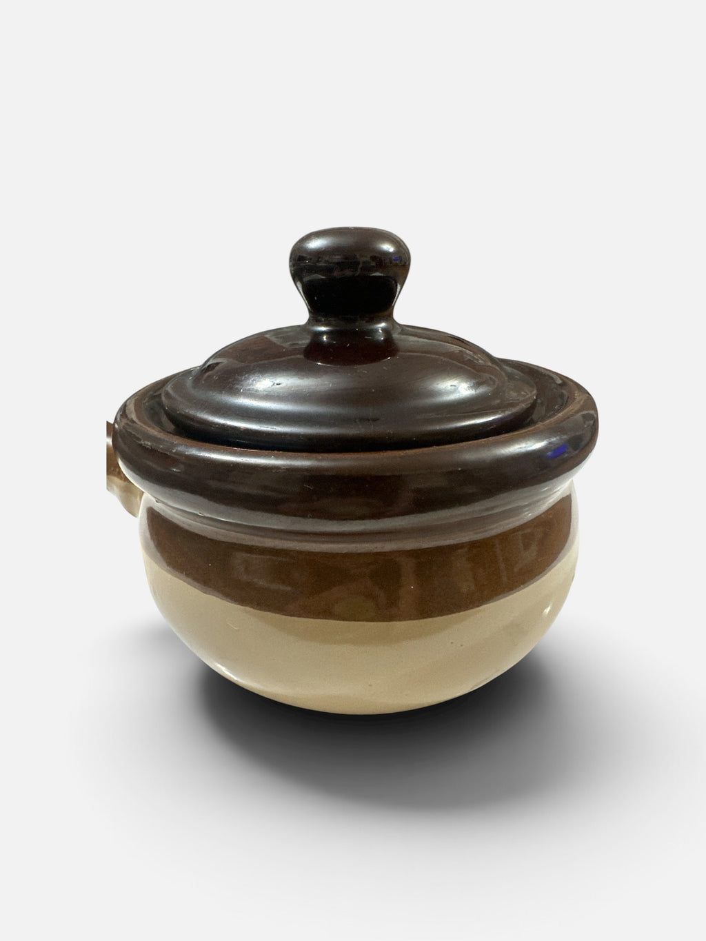 Vintage Brown & Cream Stoneware Lidded Crock with Handle | Small Ceramic Bean Pot | Rustic Farmhouse Kitchen Pottery