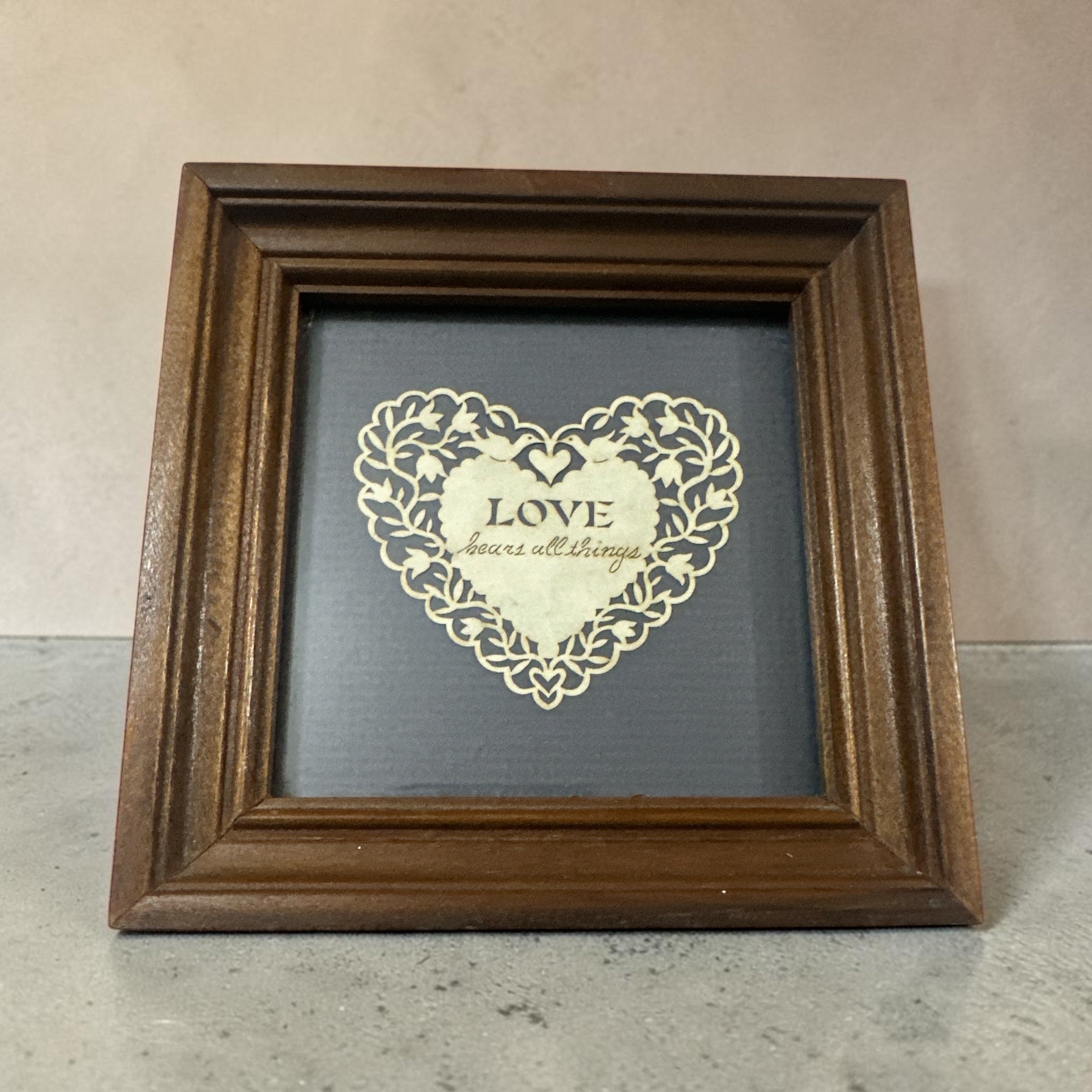 Vintage Cindy Jacobs Ltd Framed “Love Bears All Things” Heart Paper Cut Art | Romantic Cottage Wall Decor