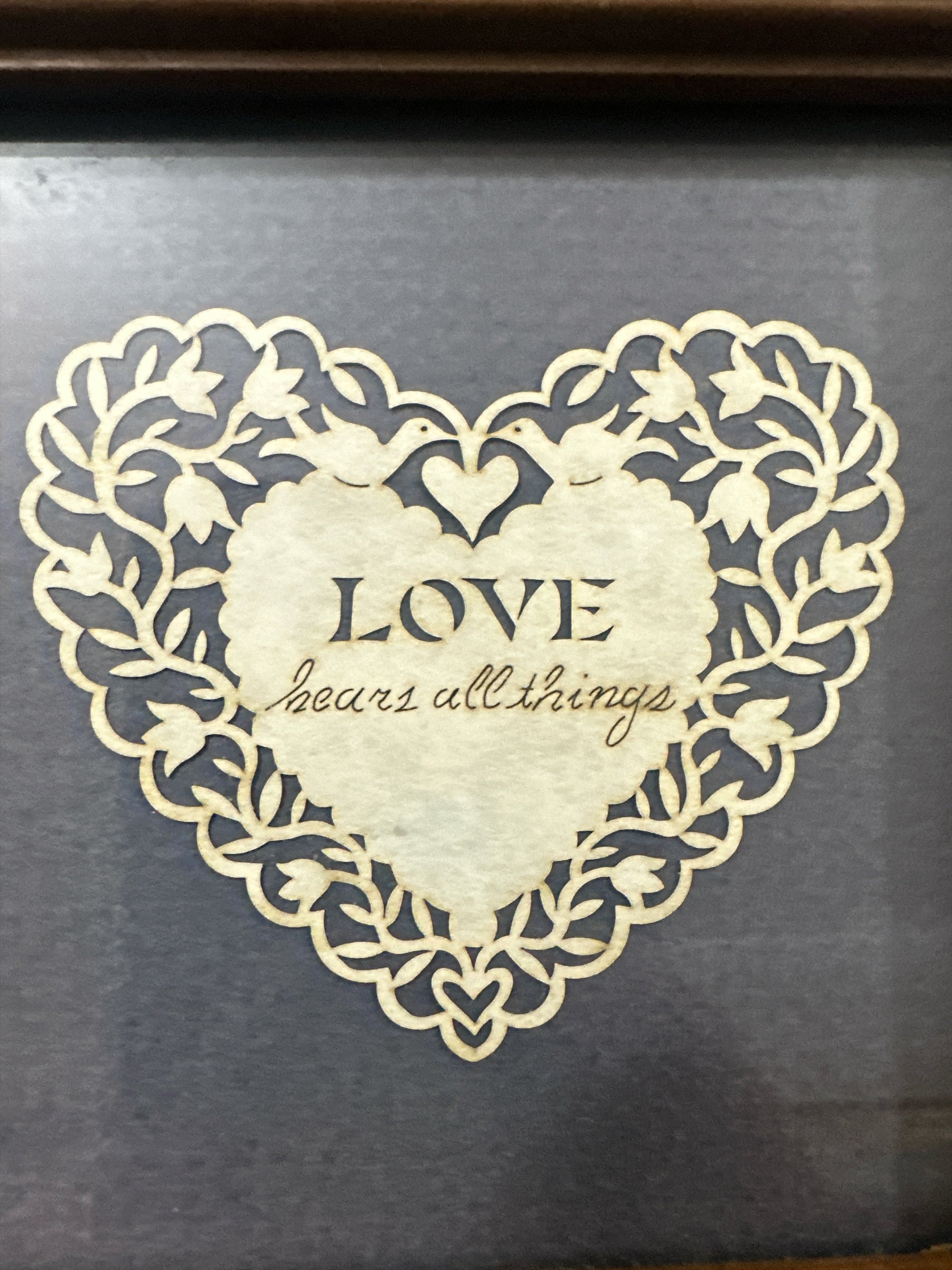 Vintage Cindy Jacobs Ltd Framed “Love Bears All Things” Heart Paper Cut Art | Romantic Cottage Wall Decor