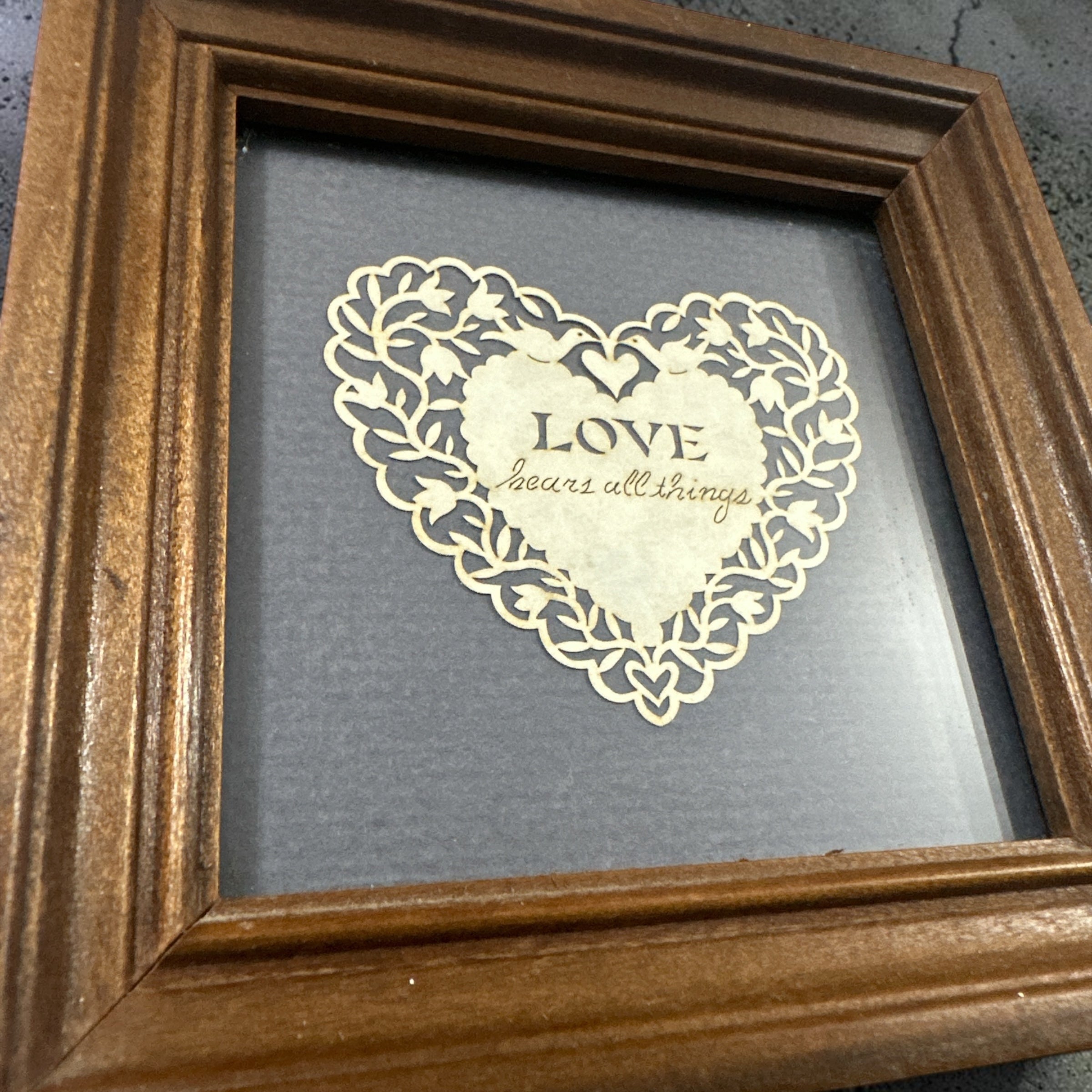 Vintage Cindy Jacobs Ltd Framed “Love Bears All Things” Heart Paper Cut Art | Romantic Cottage Wall Decor