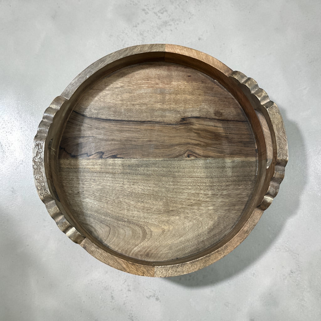 16” Round Carved Wood Serving Tray with Handles | Rustic Boho Wooden Tray | Farmhouse Coffee Table Decor | Natural Wood Decorative Tray