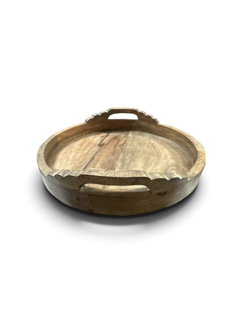 16” Round Carved Wood Serving Tray with Handles | Rustic Boho Wooden Tray | Farmhouse Coffee Table Decor | Natural Wood Decorative Tray