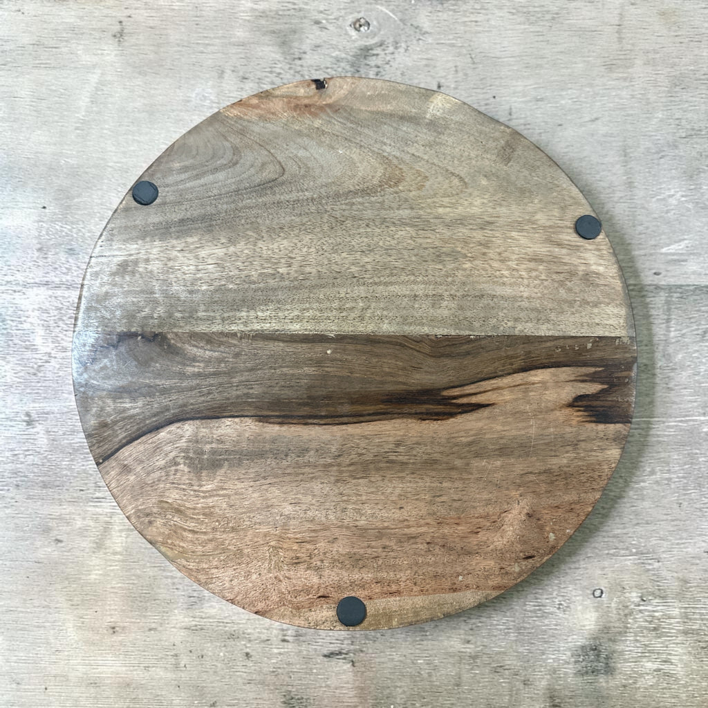 16” Round Carved Wood Serving Tray with Handles | Rustic Boho Wooden Tray | Farmhouse Coffee Table Decor | Natural Wood Decorative Tray