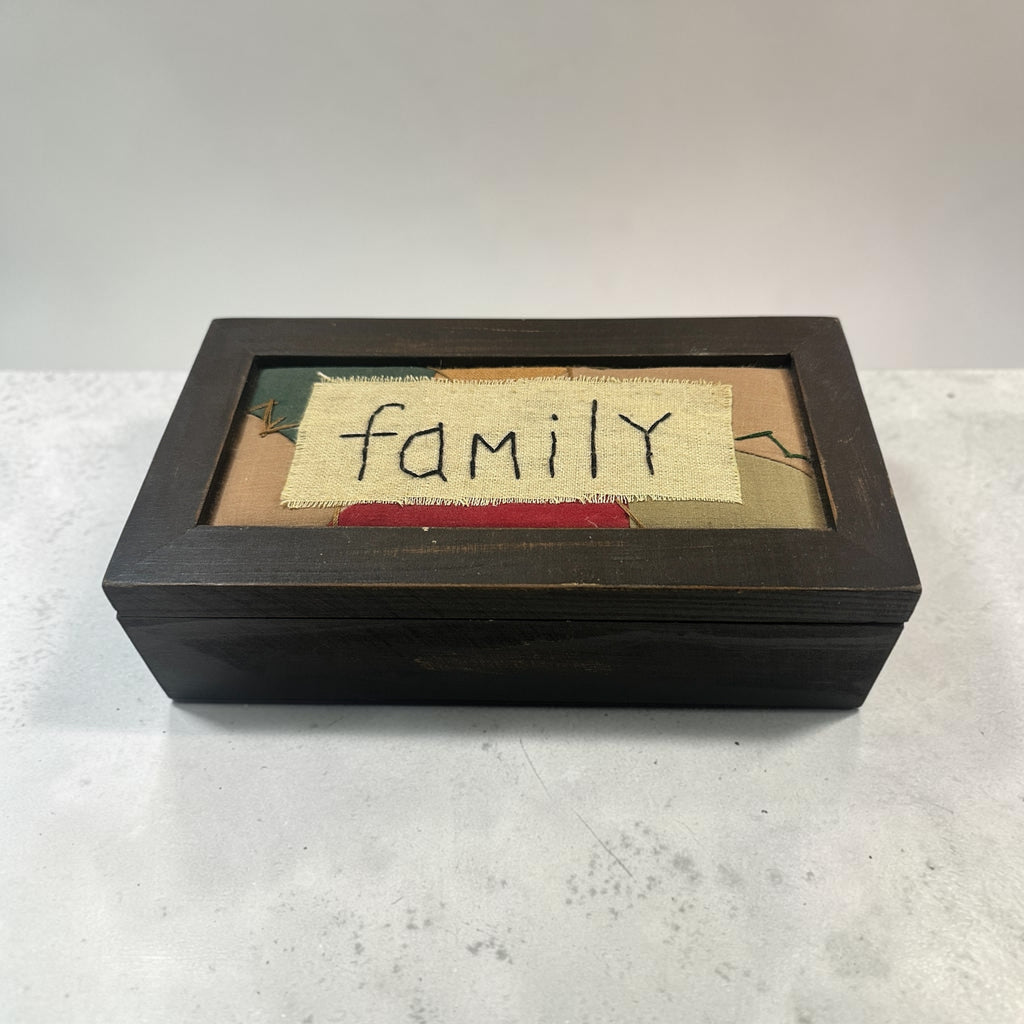 Primitive Family Keepsake Box | Rustic Wood Shadowbox Lid | Hand Stitched Fabric Folk Art | Farmhouse Memory Box