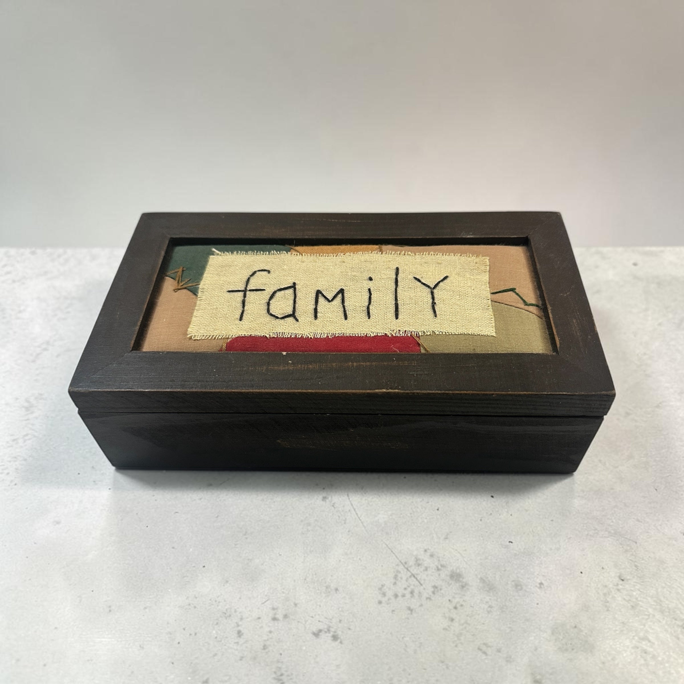 Primitive Family Keepsake Box | Rustic Wood Shadowbox Lid | Hand Stitched Fabric Folk Art | Farmhouse Memory Box