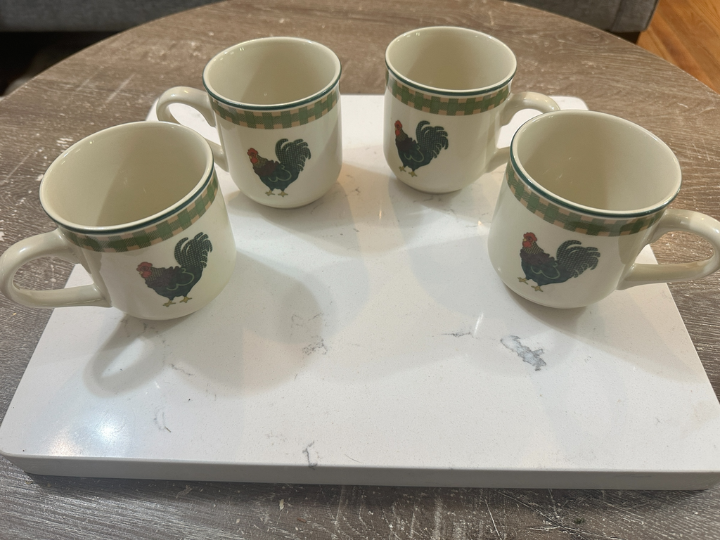Vintage 1998 International China Rooster Morn Mugs Set of 4 | Julie Ingleman Rooster Coffee Cups | Green Gingham Farmhouse Kitchen