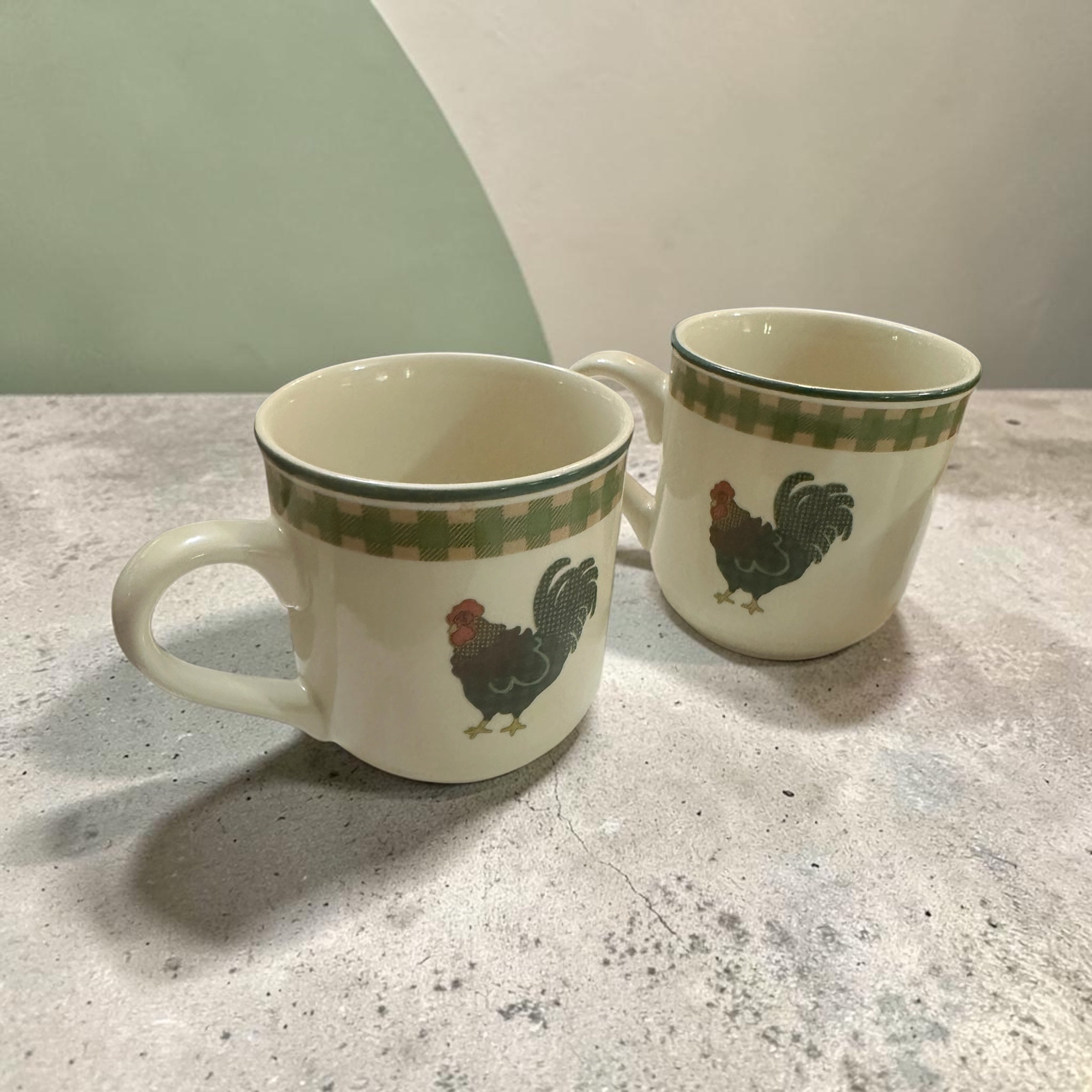 Vintage 1998 International China Rooster Morn Mugs Set of 4 | Julie Ingleman Rooster Coffee Cups | Green Gingham Farmhouse Kitchen