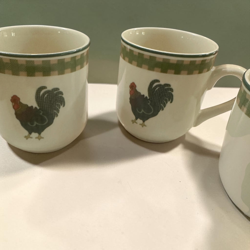 Vintage 1998 International China Rooster Morn Mugs Set of 4 | Julie Ingleman Rooster Coffee Cups | Green Gingham Farmhouse Kitchen