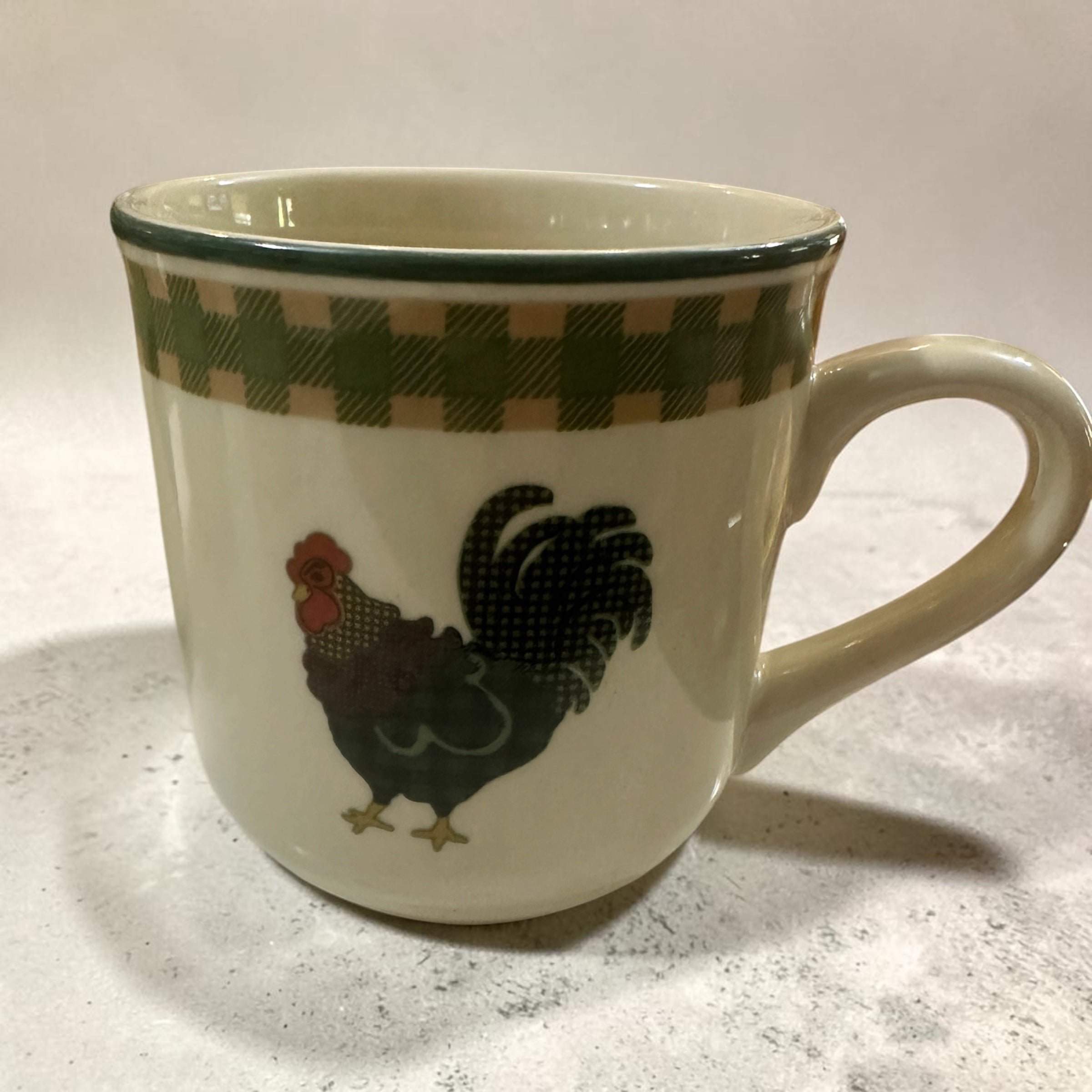 Vintage 1998 International China Rooster Morn Mugs Set of 4 | Julie Ingleman Rooster Coffee Cups | Green Gingham Farmhouse Kitchen