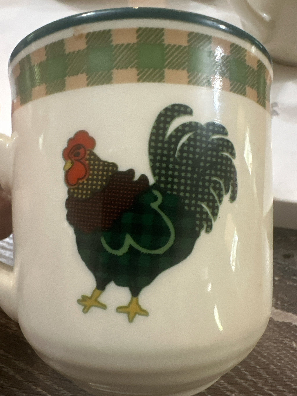 Vintage 1998 International China Rooster Morn Mugs Set of 4 | Julie Ingleman Rooster Coffee Cups | Green Gingham Farmhouse Kitchen