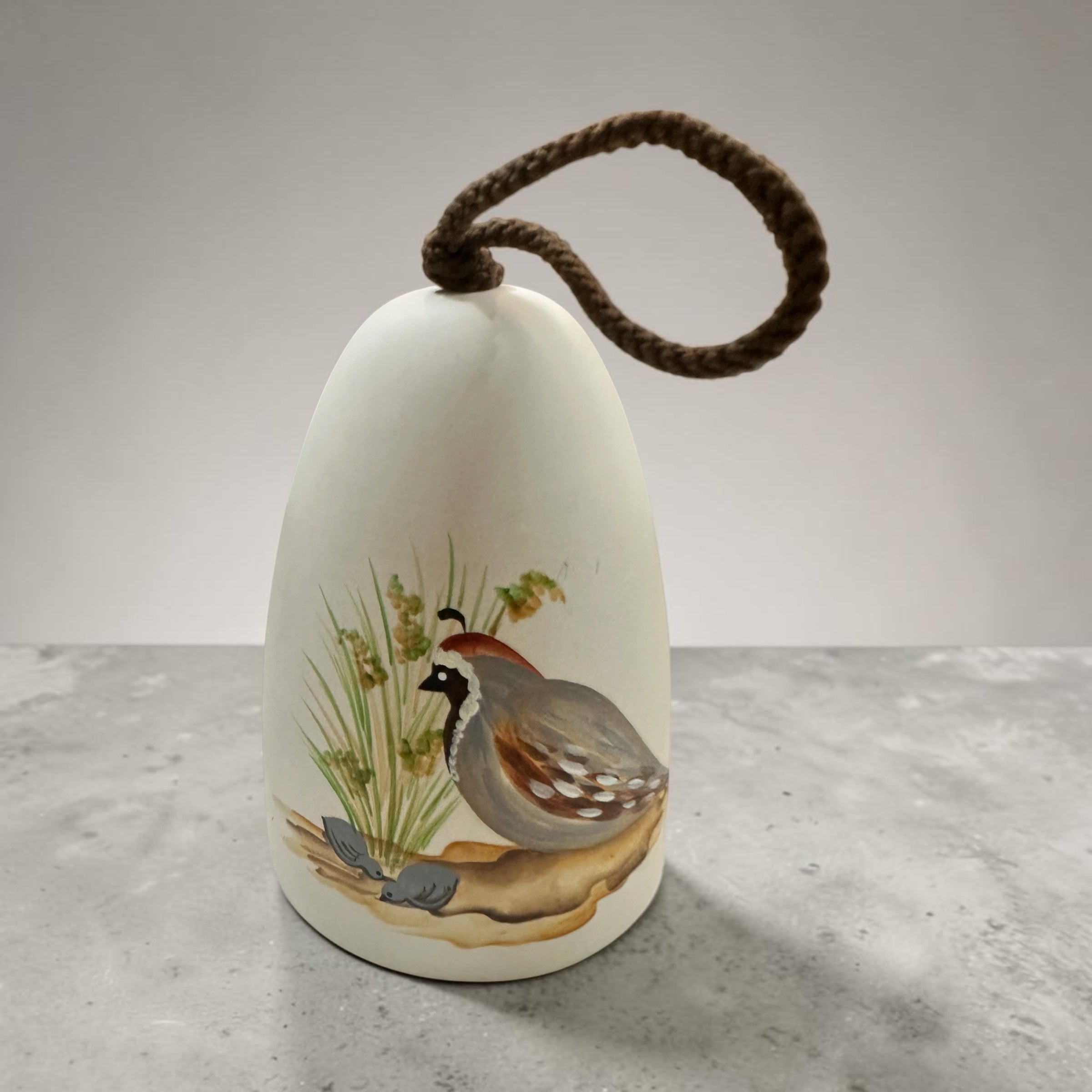 Vintage Sandstone Creations Quail Bell | Hand Painted Arizona Pottery Bell | Tempe AZ Southwestern Bird Decor | 1970s 1980s