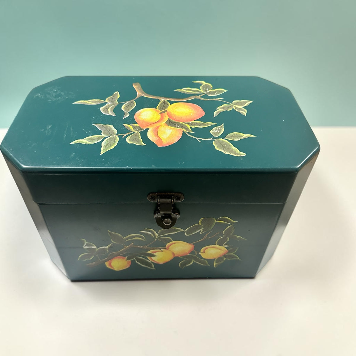 Vintage Hand Painted Wooden Storage Box Fruit Design Green Toleware Style Keepsake Recipe Box Cottage Kitchen Decor 12x8x7