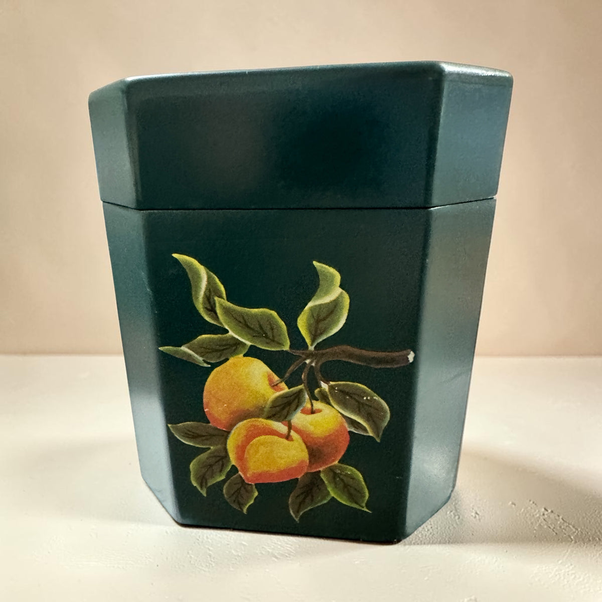 Vintage Hand Painted Wooden Storage Box Fruit Design Green Toleware Style Keepsake Recipe Box Cottage Kitchen Decor 12x8x7