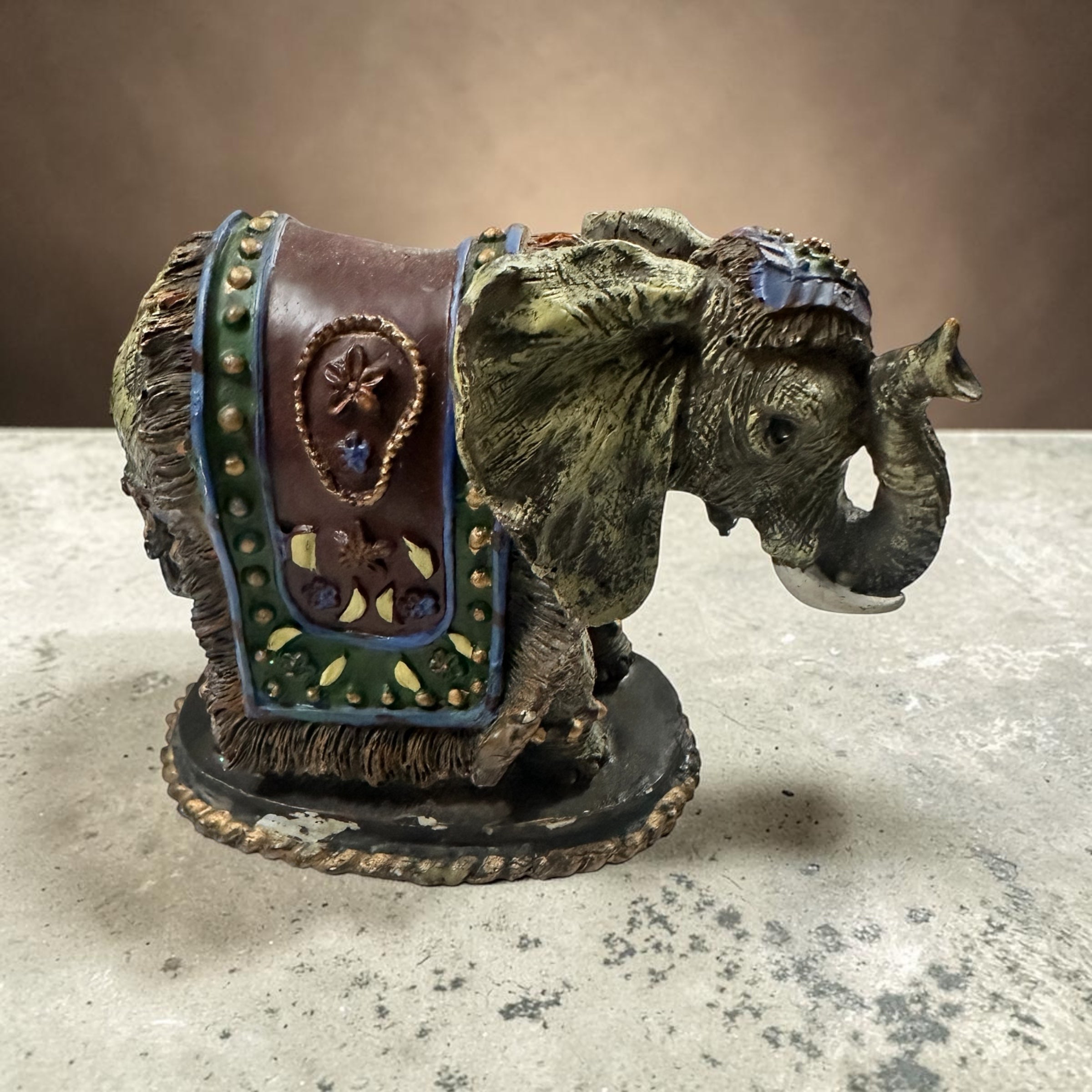 Vintage Style Elephant Figurine 4 Inch Ornate Indian Elephant Statue Raised Trunk Boho Global Decor Resin Animal Figurine