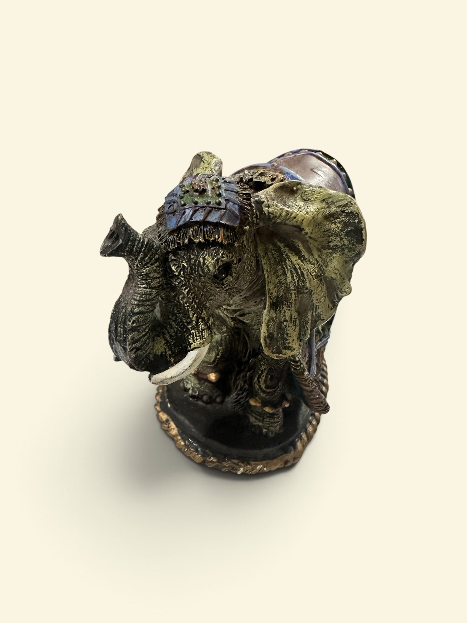 Vintage Style Elephant Figurine 4 Inch Ornate Indian Elephant Statue Raised Trunk Boho Global Decor Resin Animal Figurine