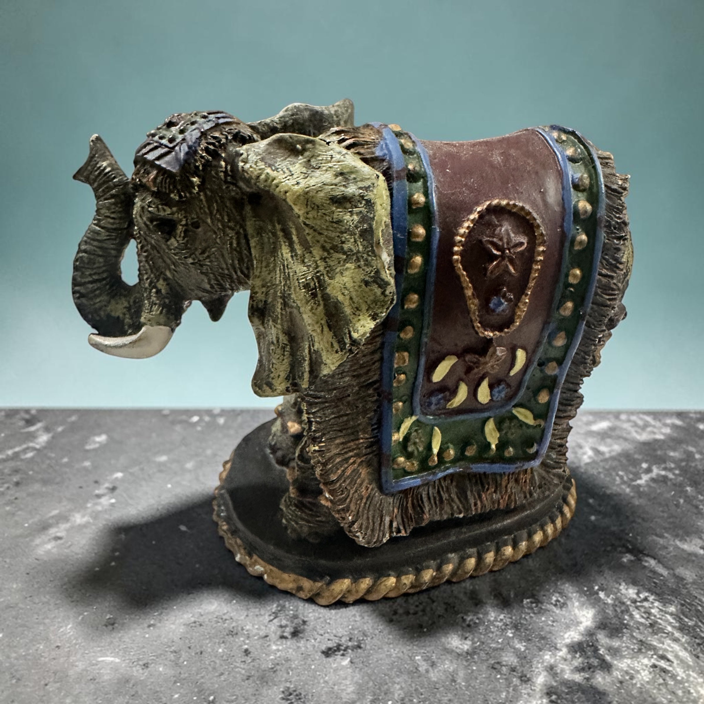 Vintage Style Elephant Figurine 4 Inch Ornate Indian Elephant Statue Raised Trunk Boho Global Decor Resin Animal Figurine