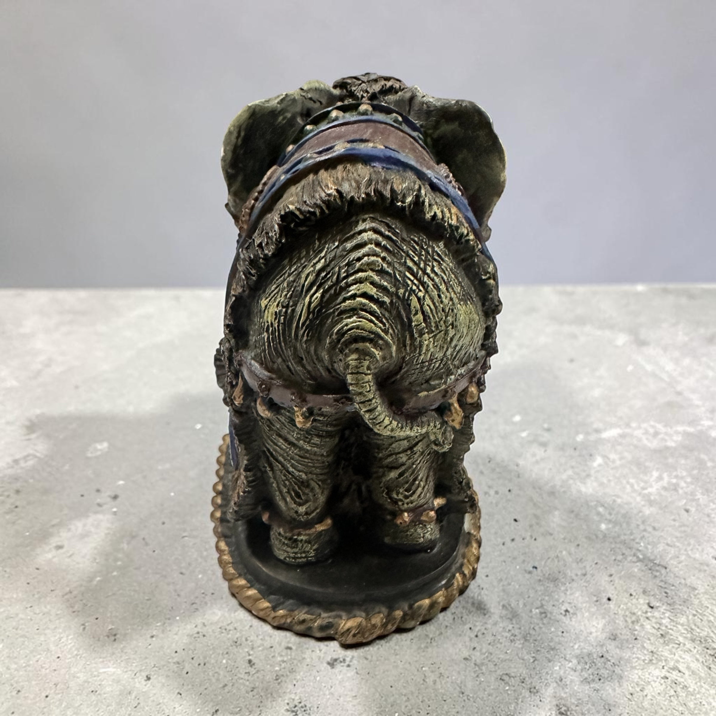 Vintage Style Elephant Figurine 4 Inch Ornate Indian Elephant Statue Raised Trunk Boho Global Decor Resin Animal Figurine