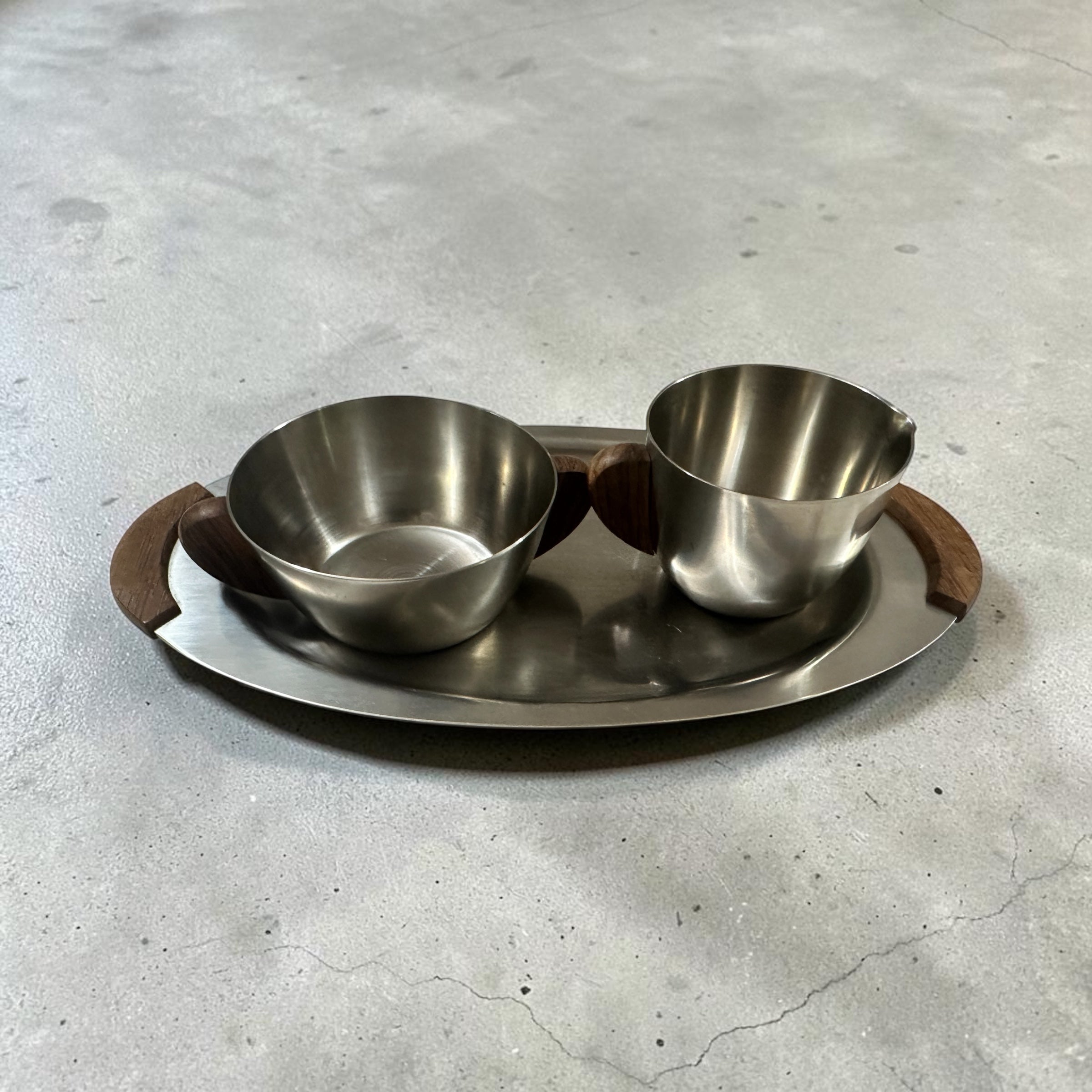 Vintage Danish Modern Stainless Steel Creamer Sugar Set with Tray | 18/8 Denmark | Wood Handles | Mid Century Scandinavian Serveware