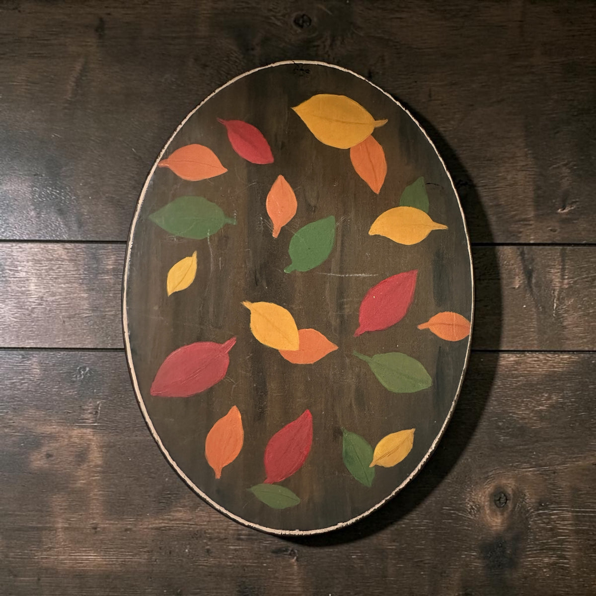 Vintage Hand Painted Wooden Fall Leaf Wall Plaque | Rustic Primitive Autumn Decor | Folk Art Oval Wood Sign | Cottage Farmhouse Wall Hanging
