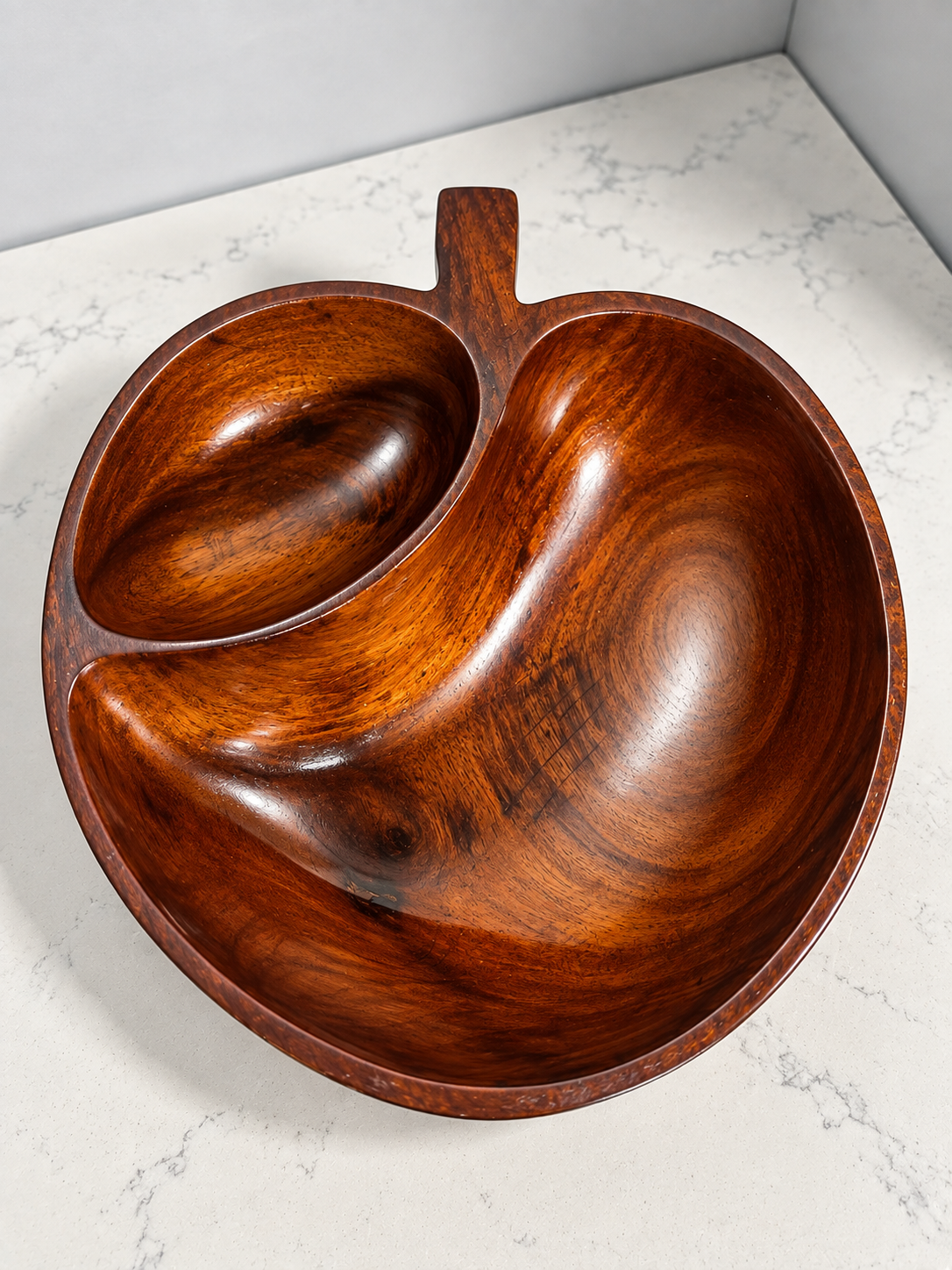 Vintage Apple-Shaped Divided Wooden Serving Bowl Mid-Century Monkey Pod Style