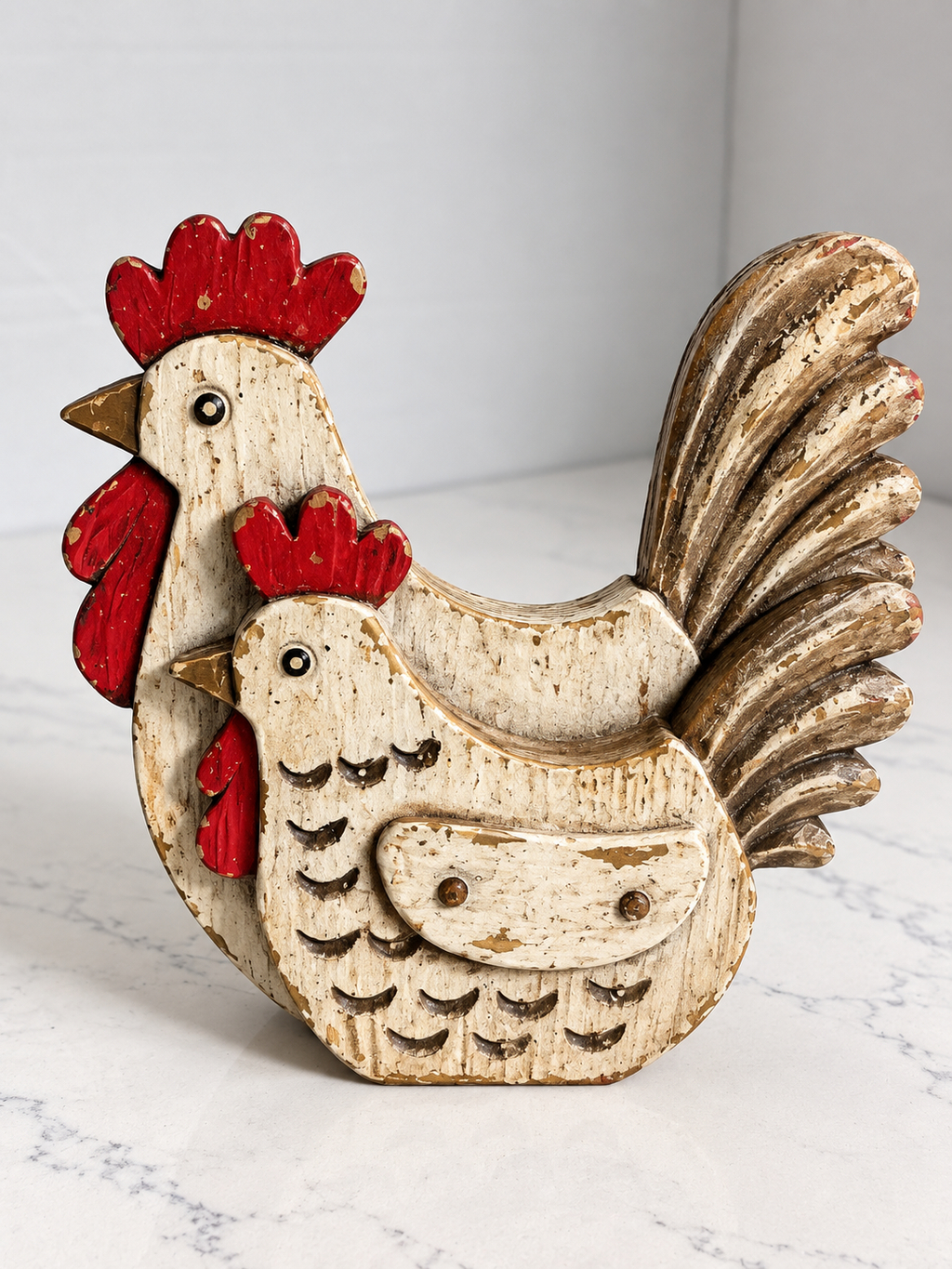 Rustic Rooster and Hen Figurine | Distressed Farmhouse Decor
